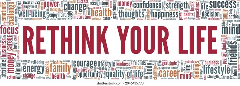Rethink your way of living vector illustration word cloud isolated on a white background.