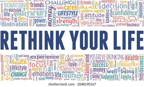 Rethink your way of living vector illustration word cloud isolated on a white background.