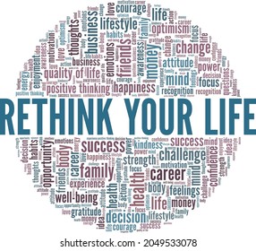 Rethink your way of living vector illustration word cloud isolated on a white background.