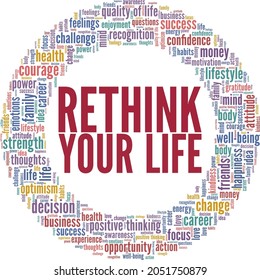 Rethink your way of living vector illustration word cloud isolated on a white background.