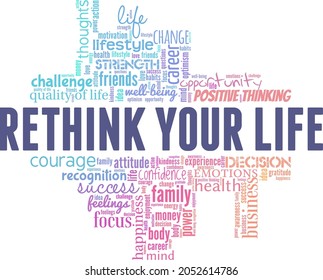 Rethink Your Way Of Living Vector Illustration Word Cloud Isolated On A White Background.