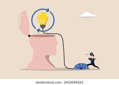 Rethinking to make changes for better results, restarting old ideas into new ideas, thinking of new ways to solve problems, smart entrepreneurs pull the lever to restart the idea light bulb.