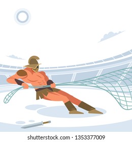 Retiarius with a net caught the Gladiator in the arena. Vector isolated illustration. Flat cartoon style.