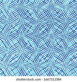 Reticulate, web, net pattern of random wavy, zig-zag blue lines. Distorted lines
