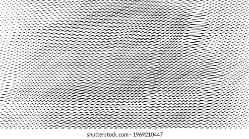 Reticulated texture of lines and moire effect. Linear background with stabilized filling of intersecting white and black lines. Design template. Vector overlay pattern