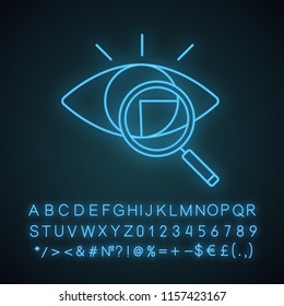 Retina scan neon light icon. Iris recognition. Glowing sign with alphabet, numbers. Eye scanning. Biometric identification. Optical recognition. Vision diagnostic. Vector isolated illustration