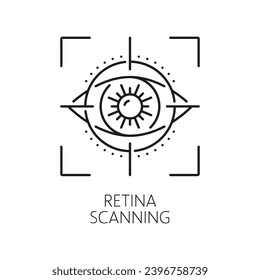 Retina scanning biometric identification, recognition and verification icon. Isolated vector linear sign, featuring eye inside of snap shot frame. Futuristic symbol of cutting-edge security technology