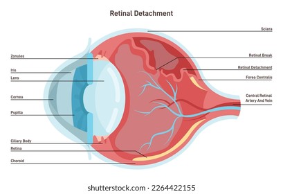 Retinal detachment. Emergency situation in which a thin layer of tissue pulled from choroid. Threat of vision loss. Human eyeball cross section anatomy. Flat vector illustration