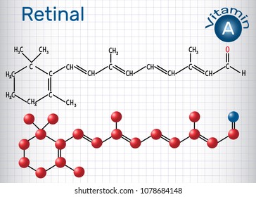 Retinal (retinaldehyde) is vitamin A. Structural chemical formula and molecule model. Sheet of paper in a cage. Vector illustration