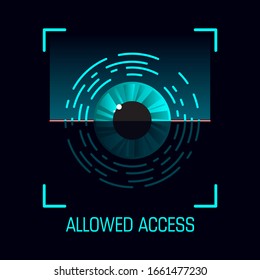 Retinal scan. Allowed Access concept. Biometric eye icon data. Future technology. Security identification scanning in flat style. Vector illustration