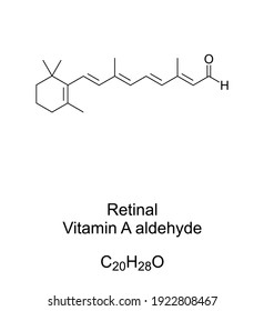 Retinal, Vitamin A aldehyde, chemical formula and skeletal structure. Also known as retinaldehyde, a form of vitamin A, and chemical basis of vision. Isolated illustration on white background. Vector.