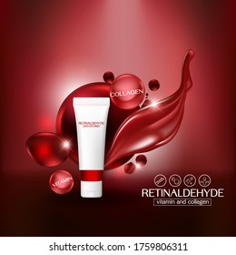 Retinal Vitamin Collagen Serum Vector Background Template for Skin Care Cosmetic Product.