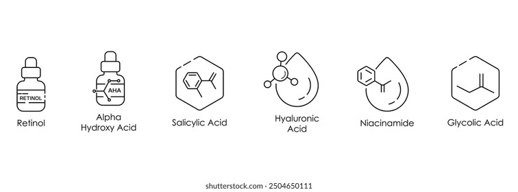 Retinol, Alpha Hydroxy Acid, Salicylic Acid, Hyaluronic Acid, Niacinamide, and Glycolic Acid Vector Illustration Icon Set