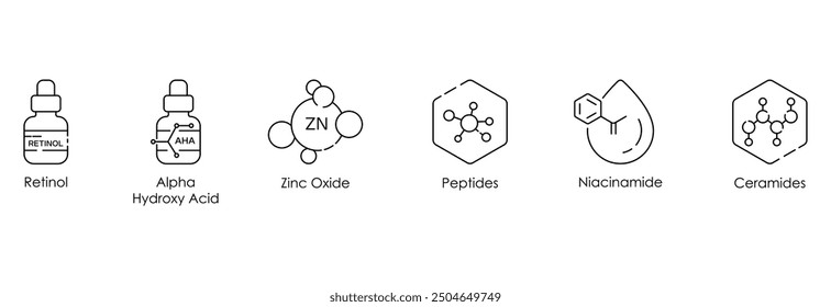 Retinol, Alpha Hydroxy Acid, Zinc Oxide, Peptides, Niacinamide, and Ceramides Vector Illustration Icon Set