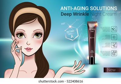 Retinol anti-aging cream ads. Vector Illustration with Manga style girl  and Vitamin A cream tube.