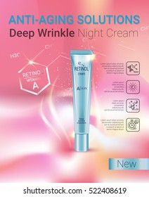Retinol anti-aging cream ads. Vector Illustration with Vitamin A cream tube.