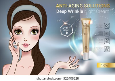 Retinol Anti-Aging-Werbeanzeigen. Vektorgrafik mit Manga Stil Mädchen und Vitamin A Creme Röhre.