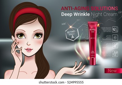 Retinol anti-aging cream ads. Vector Illustration with Manga style girl  and Vitamin A cream tube.