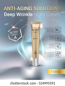 Retinol anti-aging cream ads. Vector Illustration with Vitamin A cream tube.