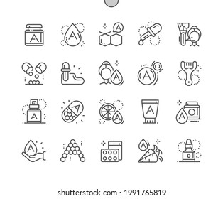 Retinol. Vitamin A. Skin care. Retinol in cosmetology. Serum, acetate, treatment, pharmacy, health, supplement and beauty. Pixel Perfect Vector Thin Line Icons. Simple Minimal Pictogram