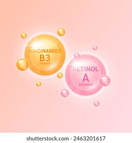 Retinol or vitamin A orange and Niacinamide or vitamin B3 pink. Helps keep skin moisturized and youthful. For cosmetic advertising medical beauty. Vector EPS10.