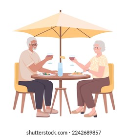 Las parejas retiradas cenan en cafés con personajes vectoriales de color semiplano. Figura editable. Gente de cuerpo entero en blanco. Ilustración de estilo de caricatura simple de fecha para diseño gráfico web y animación