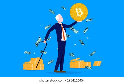 Retire on Bitcoin - Old retired man holding crypto currency up in air, smiling with lots of money in background. Retirement, rich and wealth concept. Vector illustration.