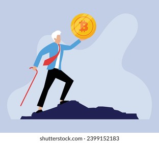 Retire on Bitcoin - Old retired man holding crypto currency up in air