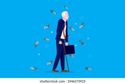 Retire rich - Senior old man walking while money falling from the sky. Retirement savings and wealthy pension concept. Vector illustration.