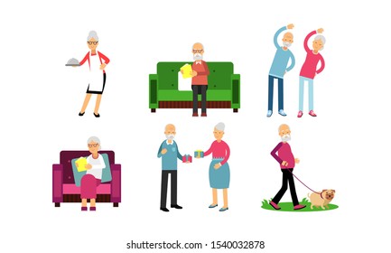 Retired Active Life In Different Actions Vector Illustration Set Isolated On White Background