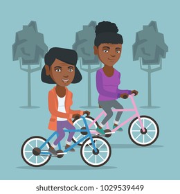 Retired african-american women riding bikes in the park. Senior women riding bicycles in the park. Active senior women enjoying walk with bicycles. Vector cartoon illustration. Square layout.