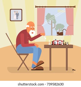 Retired age alone man in flat character design. Cartoon of chess player at home. Senior indoor isolated. Vector illustration eps 10