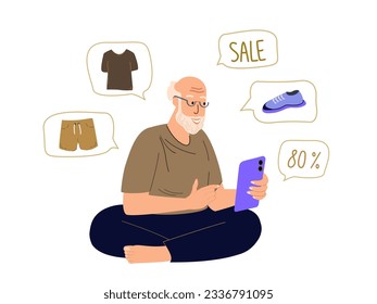 Retired aged man shopping online with mobile phone,buying clothes on sale.Senior customer buyer using smartphone,making purchases in internet at home.Flat vector illustration isolated,white background