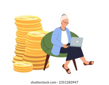 Mujer jubilada trabajando en forma independiente y calculando su dinero.Contable teneduría de libros una enorme pila de dinero.Asignación de activos, ahorros, administración de finanzas.Trabajador libre en línea.Ilustración vectorial plana