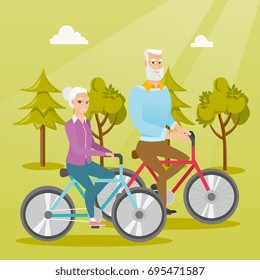 Pareja caucásica retirada montando bicicletas en el parque. Hombre mayor y mujer en bicicleta en el parque. Una pareja activa que disfruta de caminar con bicicletas. Dibujo de dibujos animados. Diseño cuadrado.