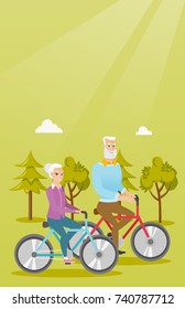 Pareja caucásica retirada montando en bicicleta en el parque. Hombre mayor y mujer en bicicleta en el parque. Una pareja de ancianos activa disfrutando de un paseo en bicicleta. Ilustración de dibujos animados. Diseño vertical.