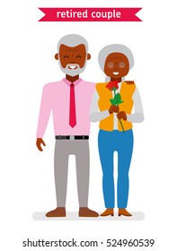 Retired couple. African American family. Flat vector cartoon character design. Elderly couple smiling happily, the man gave the woman a rose on a date. Illustration on white background.