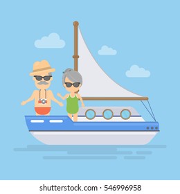 Retired couple cruising in the ocean, sea or lake on the boat. Tourism and vacation for elderly.