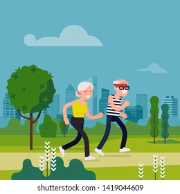 Retired couple fitness healthy lifestyle. Elderly couple running in city park. Fitness for senior age people concept vector illustration