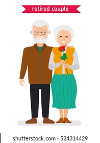 Retired couple. Flat vector cartoon character design. Elderly couple smiling happily, the man gave the woman a rose on a date. Illustration on white background.