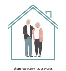 Retired couple in house. Vector illustration.