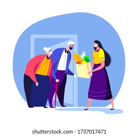 Retired Couple Old Woman Meets Volunteer.Young Girl Delivering Food Donation Supply Aged Pensioners.Home Shopping.Buy,Receive Parcel.Assistance Delivery.Coronavirus Quarantine.Flat Vector Illustration