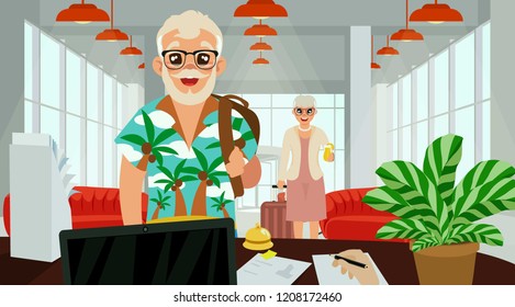 retired couple on vacation, signing in at the reception desk inside the hotel lobby, interior design, vector illustration