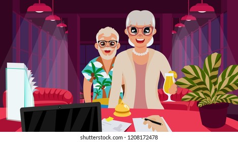 retired couple on vacation, signing in at the reception desk inside the hotel lobby, interior design, vector illustration