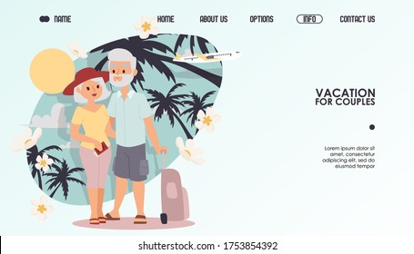 Retired couple on vacation, vector illustration. Website travel company for couples, retirement leisure together. Happy grandparents with documents and suitcases at tropical resort.