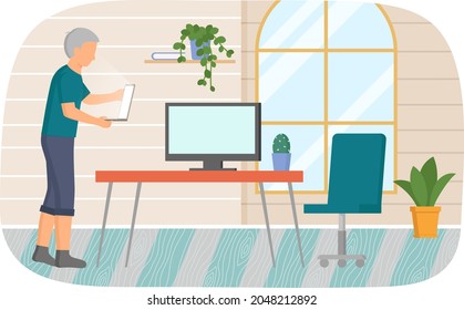Retired elderly man standing with computer in hands. Dealing with technology, using modern gadgets concept. Senior male character watching video on screen, chatting, working with laptop at home