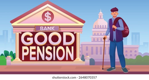 Retired Elderly Man Standing Outside a Bank with a Money Bag