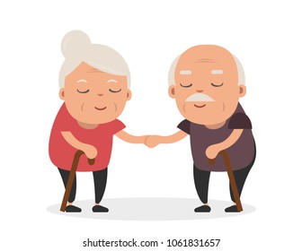 Retired elderly senior age couple in creative flat vector character design. Grandpa and grandma standing full length smiling