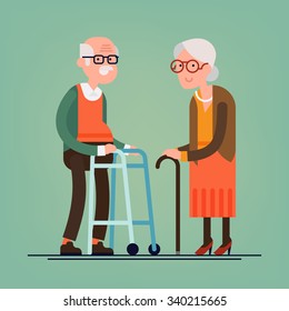 Retired elderly senior age couple in creative flat vector character design | Grandpa and grandma standing full length smiling | Grandparents with walking stick and paddle walker isolated