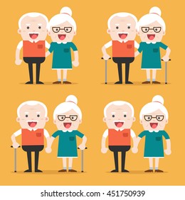 Retired elderly senior age couple in creative flat vector character design | Grandpa and grandma standing full length smiling